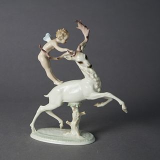 Antique Bavarian Hutschenreuther Porcelain Figure of Nymph & Elk, circa 1920