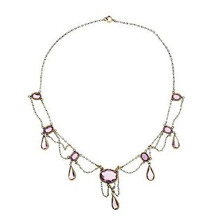 Antique 10K Gold Purple Stone Lavalier Necklace