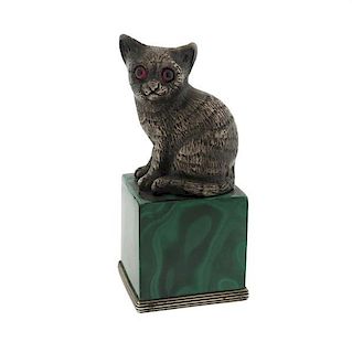 Silver Malachite Cat Red Stone Statue