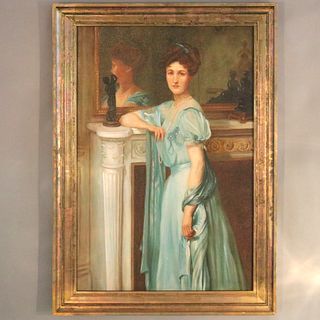 Antique Portrait Painting of a Woman in a Parlor Setting 20th Century