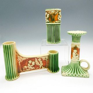 3pc Roseville Pottery Bud Vases and Chamberstick, Donatello