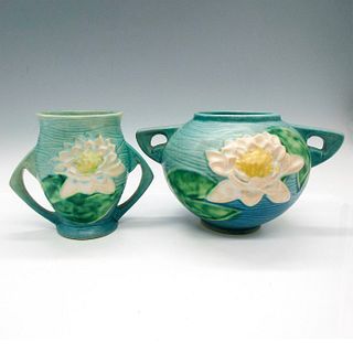 2pc Roseville Pottery Double Handled Vases, Water Lily