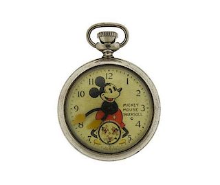 1930s Ingersoll Mickey Mouse Stainless Steel Pocket Watch