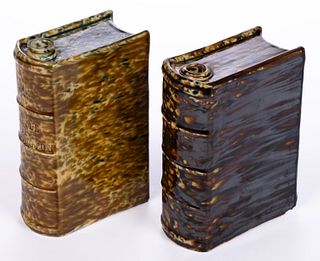 AMERICAN BENNINGTON ATTRIBUTED FLINT ENAMEL ROCKINGHAM-GLAZE POTTERY BOOK FLASKS, LOT OF TWO