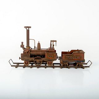 Brass and Copper Model Locomotive Train with Tender and Rail