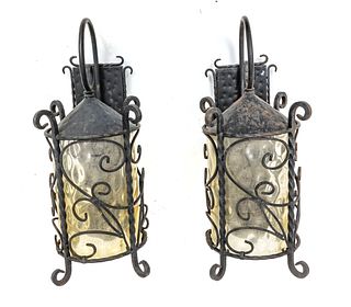 Wrought Iron & Glass Outdoor Lanterns, H 24" W 9" Depth 13" 1 Pair
