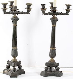 Pair Neoclassical-Style Bronzed Candlestick Lamps