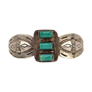 NO RESERVE - Navajo Fred Harvey Turquoise and Silver Bracelet with Stamped Arrow Design c. 1930s, size 6.75 (J15847)