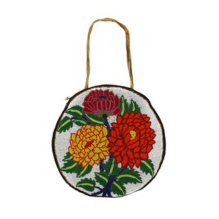 NO RESERVE - Plateau Beaded Leather Bag with Handle and Floral Design c. 1920-30s, 10" x 10" (DW1356)