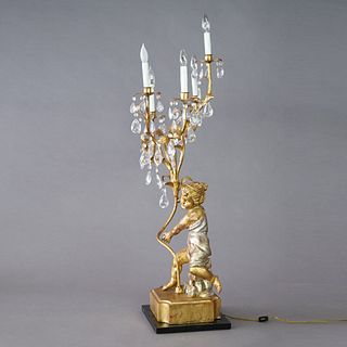 Large Figural Cherub Giltwood Candelabra Table Lamp with Crystals, circa 1940