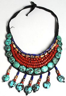Tribal Cloth & Beaded Crescent-Form Necklace