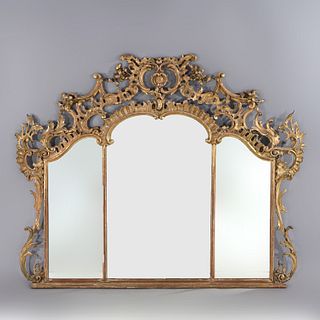 Antique 18th/19thC French Louis XIV Triptych Giltwood Over Mantel Mirror