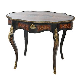 French Empire Parlor Table, Ebonized with Marquetry Inlay & Ormolu 20th