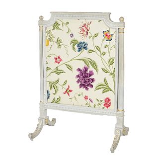 French Louis XVI Style White & Gilt Fire Screen with Floral Fabric, 20th C