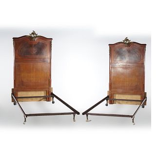 Antique Pair French Rococo Style Kingwood & Rosewood Twin Beds 20thC