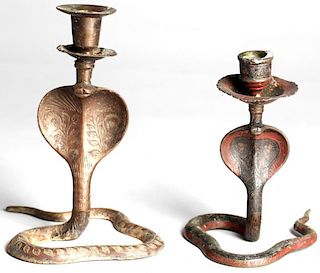 2 Indian Incised Brass King Cobra Candle Holders