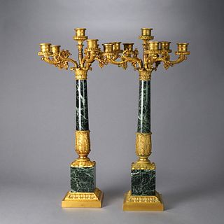 Antique Pair of French Empire Gilt Bronze & Marble Candelabra19th C