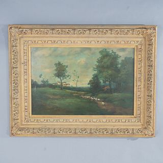 Antique Impressionistic Landscape Oil Painting, Farm Scene with Sheep, 20th C