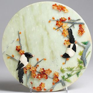 Vintage Chinese Hardstone Circular Bird Plaque