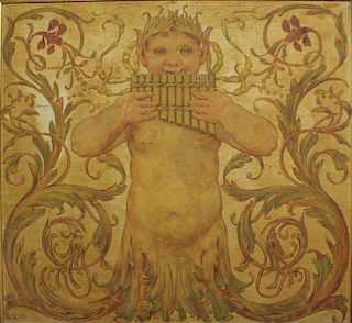 German Oil on Canvas Board- Piping Faun & Acanthus