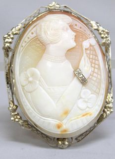 1920s Shell Cameo with Diamonds, in 14K Gold Bezel