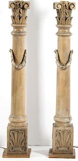 Pair of Carved Wood Corinthian Column Floor Lamps