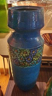 Beautiful Tall Signature Blue Bitossi Ceramic Vase w/ Embedded Abstract Floral Pattern