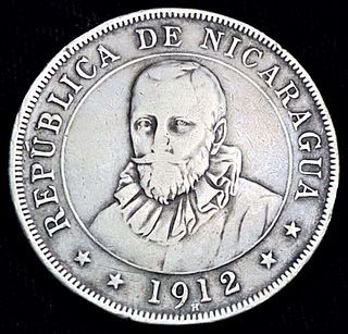 1912-H Republic Of Nicaragua 80% Silver 50 Centavos .321 oz AS