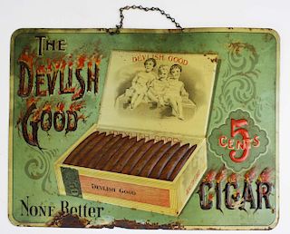 The Devlish Good Cigar Tin Litho Advertising Sign