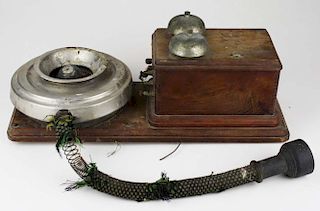 Late 19Th C Oak Crank Telephone Intercom W/ Lg Speaker