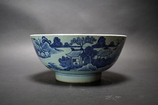 A CHINESE BLUE AND WHITE LANDSCAPE BOWL WITH 'QIANLONG' MARK