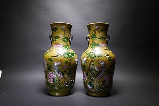 A PAIR OF 2 YELLOW GROUND PONEY AND CRANE LARGE VASE WITH MARK