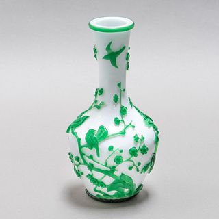 A GREEN-OVERLAY WHITE GLASS VASE
