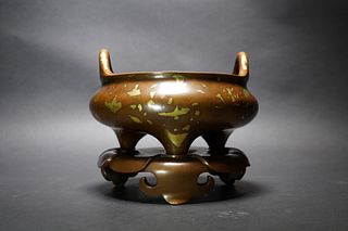 A CHINESE GILT BRONZE CENSER WITH 'XUAN DE' MARK, WITH A BRONZE STAND