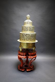 A CHINESE BRONZE INCENSE BURNER WITH WOODEN STAND