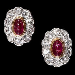 PAIR OF RUBY AND DIAMOND CLUSTER EARRINGS