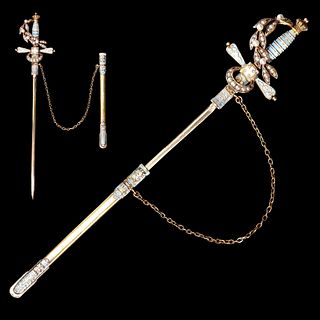 ANTIQUE ENAMEL AND PEARL JABOT SWORD PIN