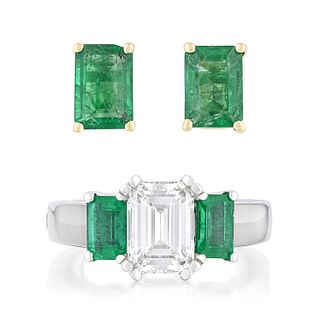 Diamond and Emerald Ring, GIA Certified and Emerald Earrings