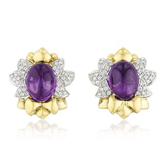 Amethyst and Diamond Flower Earrings, Italian