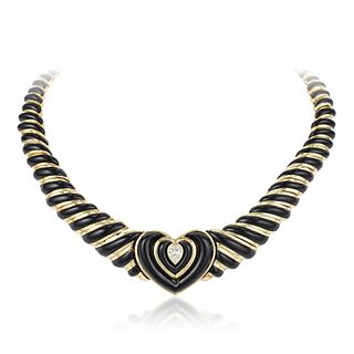 Diamond and Onyx Heart Collar Necklace