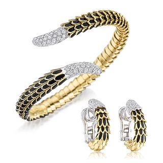 Roberto Coin Diamond and Onyx Cobra Bracelet and Earrings Set