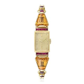 Rhone Ladies' Art Deco Watch in 14K Yellow Gold with Citrines and Rubies
