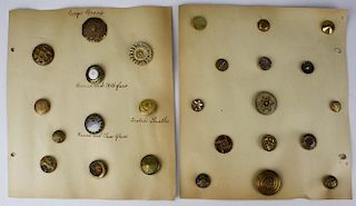 2 Pages Of Large Brass & Glass Buttons.