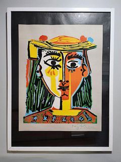 Picasso Facsimile Signed Vintage Lithograph of 1962 "Woman in Hat with Pom Poms" Dedicated to Sabartes Created by the Reknown Dutch Printmaker Verkerk