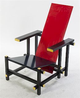 A Red and Blue Chair, after the Gerrit Rietveld Style, Height 34 1/2 inches.