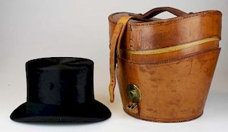 Fine Men'S Beaver Felt Top Hat In Leather Case Made By