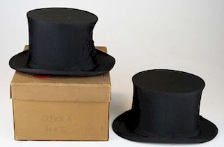 Two Folding Silk Men'S Opera Top Hats, One In Original Box