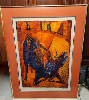 Compelling Signed Vintage Lithograph of Bull w/ Brilliant Color under Non-Glare Glass