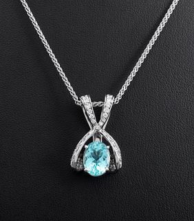 18K White Gold Aquamarine Diamond Pendant Necklace