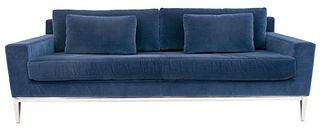 Restoration Hardware Blue Velvet Upholstered Sofa